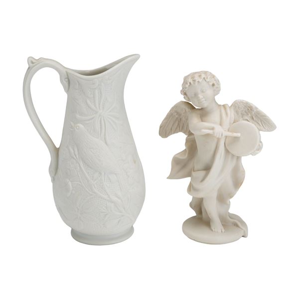 Two English White Parian Porcelain Portmeirion Pitcher and Wedgwood Cherub Figurine