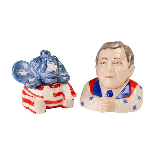 2pc Kevin Francis Face Pots, George W. Bush and Patriotic Elephant