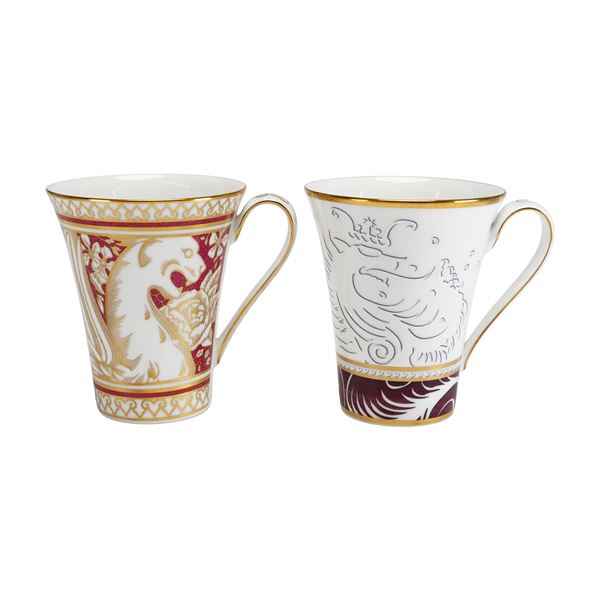 Pair of Wedgwood 250th Anniversary Fine Bone China Mugs, Columbia and Lion and Unicorn Patterns