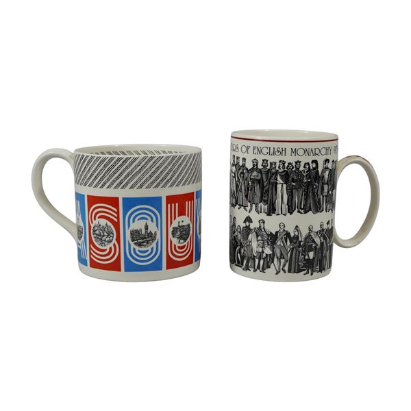 Two Wedgwood Commemorative Earthenware Mugs including London and English Monarchy Designs