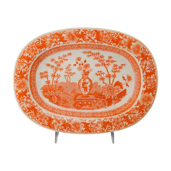 Wedgwood Queensware Orange Transfer-Printed Chinoiserie Oval Dish