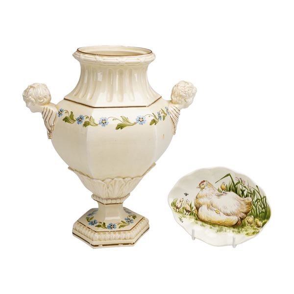 2pc Wedgwood Figural Handles Etruria Vase and Hand-Painted Hen Dish