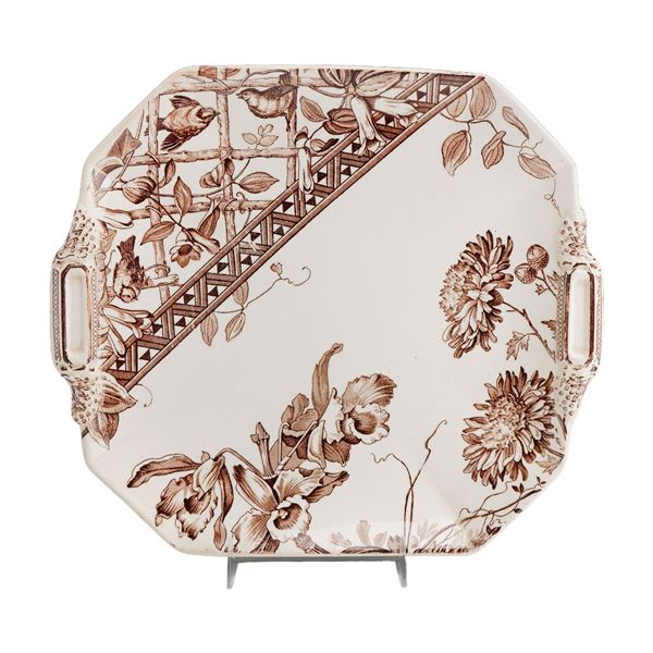 Wedgwood Aesthetic Movement Brown Transferware Trellis Pattern Handled Cake Plate