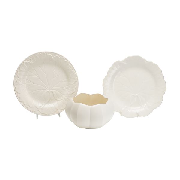 Three Wedgwood Relief Molded White Cabbage Leaf Plates and Lotus Bowl