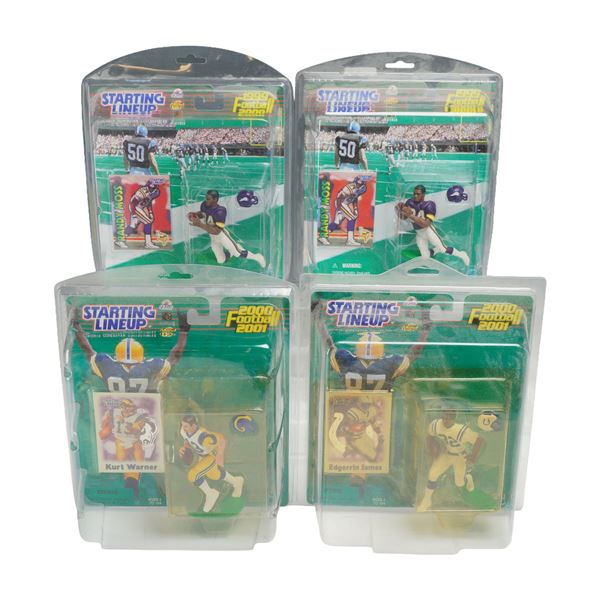 4pc NFL Starting Lineup Football Figurines in Boxes including Randy Moss, Kurt Warner, and Edgerrin 