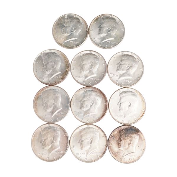 Lot of 11 1964 Kennedy Half Dollar 90% Silver Coin, Circulated