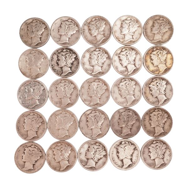 Lot of 25 Loose Mercury 90% Silver Dimes, Circulated