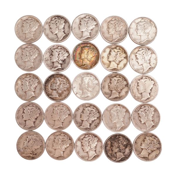 Lot of 25 Loose Mercury 90% Silver Dimes, Circulated
