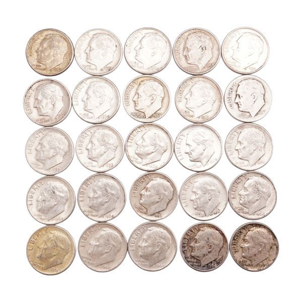 Lot of 25 Loose Roosevelt 90% Silver Dimes, Circulated