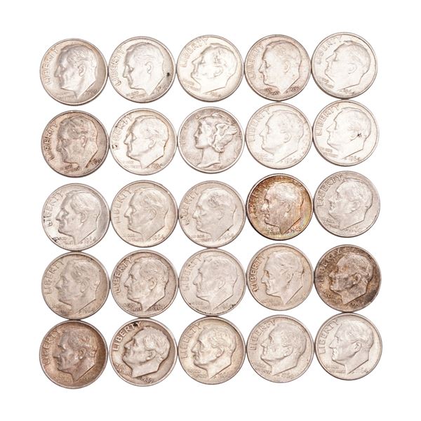 Lot of 25 Loose Roosevelt 90% Silver Dimes, Circulated