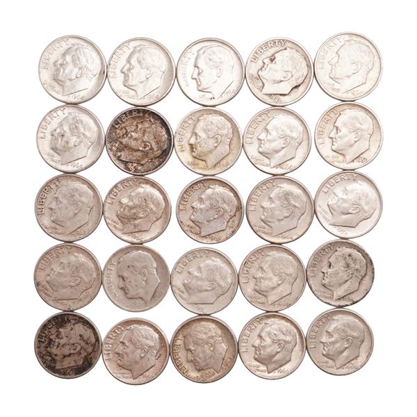 Lot of 25 Loose Roosevelt 90% Silver Dimes, Circulated