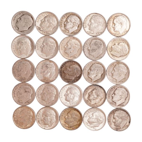 Lot of 25 Loose Roosevelt 90% Silver Dimes, Circulated