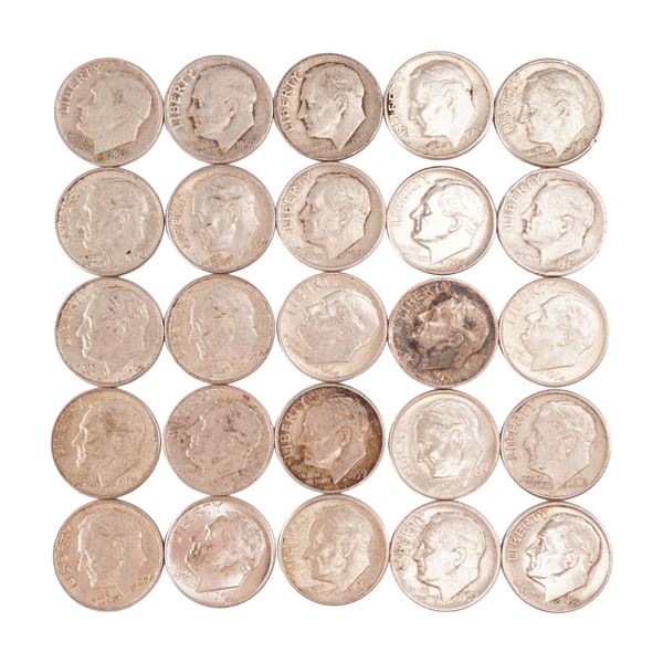 Lot of 25 Loose Roosevelt 90% Silver Dimes, Circulated
