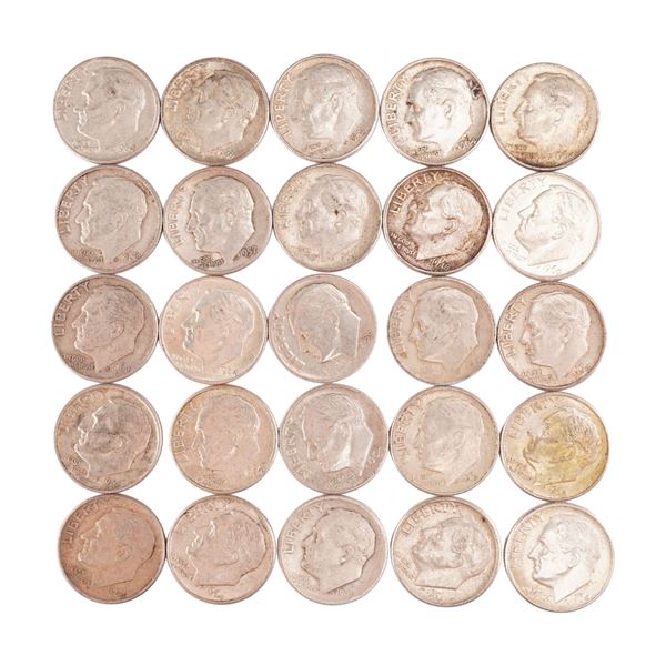 Lot of 25 Loose Roosevelt 90% Silver Dimes, Circulated