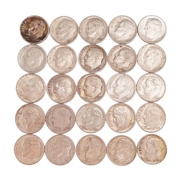 Lot of 25 Loose Roosevelt 90% Silver Dimes, Circulated