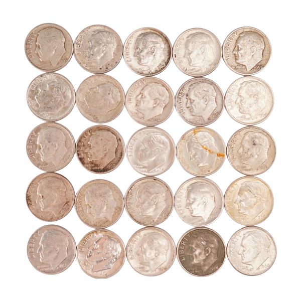 Lot of 25 Loose Roosevelt 90% Silver Dimes, Circulated