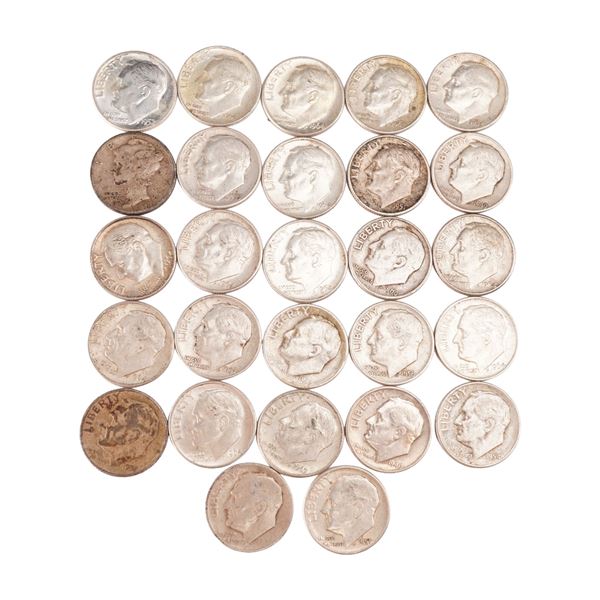 Lot of 27 Loose Roosevelt 26 and 1 Mercury 90% Silver Dimes, Circulated