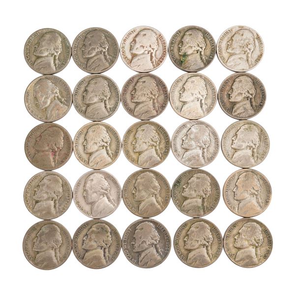 Lot of 25 Jefferson Wartime Nickel .350 Silver Coin, Circulated