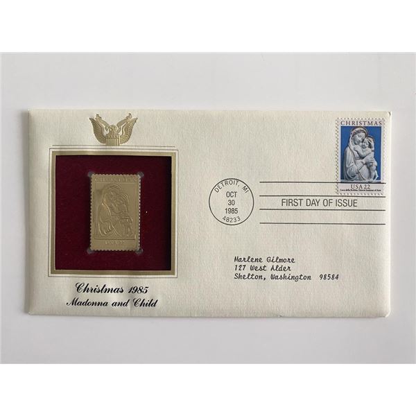 Christmas 1985: Madonna and Child Gold Stamp Replica First Day Cover