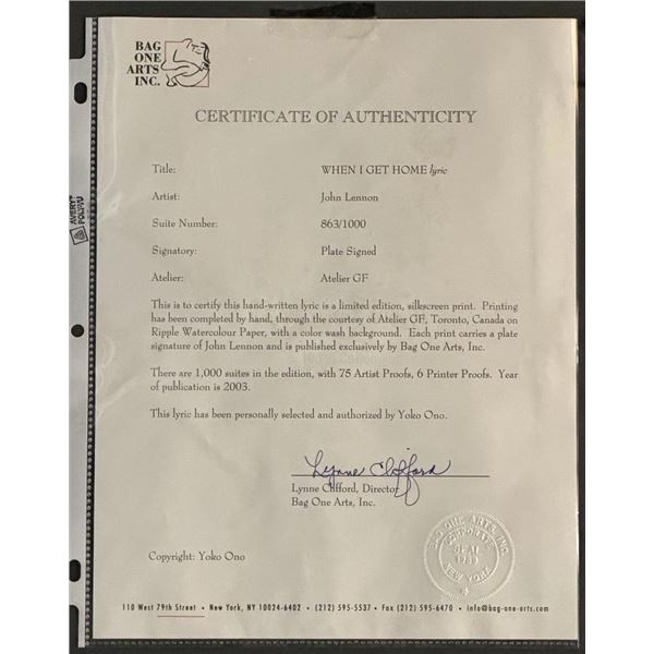 John Lennon Framed Bag One When I Get Home Plate Signed Printer Proof