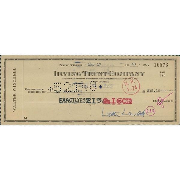 Journalist Newsman Walter Winchell Signed Cancelled Check JSA Authenticated