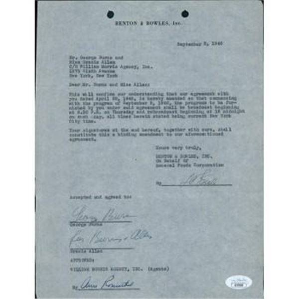 George Burns And Gracie Allen Show Signed Typed 1946 Contract JSA Authenticated