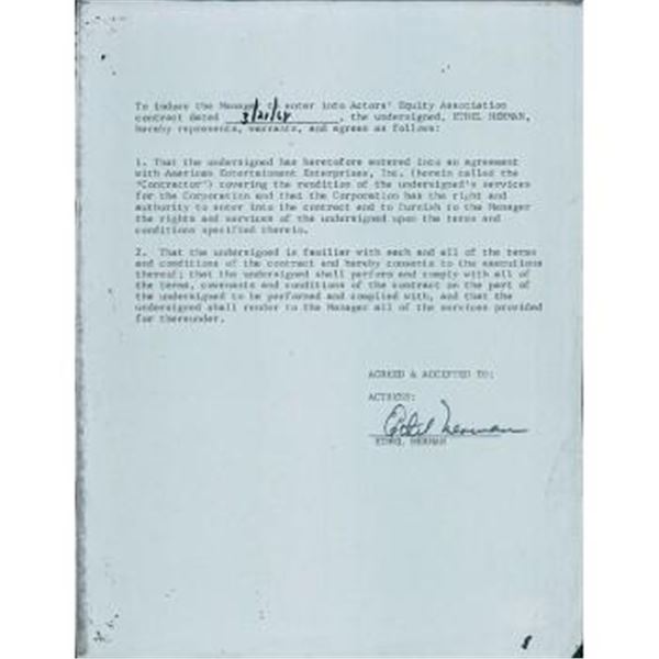 There's No Business Like Show Business Ethel Merman Signed Typed American Entertainment Contract JSA
