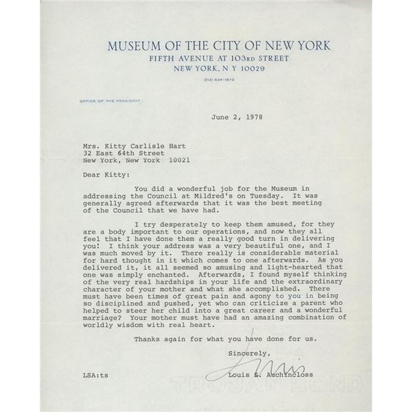 Author Louis Auchincloss letter