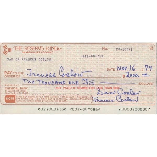 American Singer Sam Coslow signed check