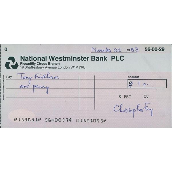 Screenwriter Christopher Fry Signed Cancelled Check JSA Authenticated