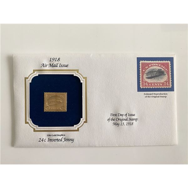 1918 Airmail Issue 24c Inverted Jenny 22kt Gold Stamp Replica First Day Cover