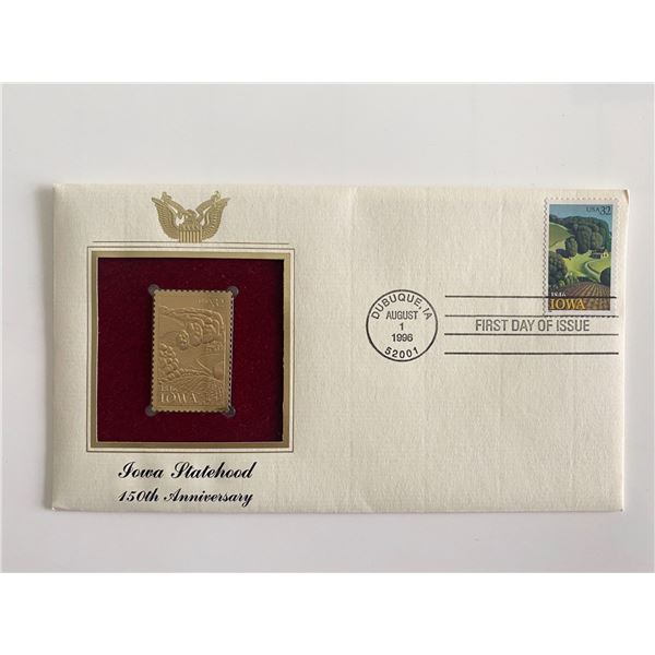Iowa Statehood 150th Anniversary Gold Stamp Replica First Day Cover