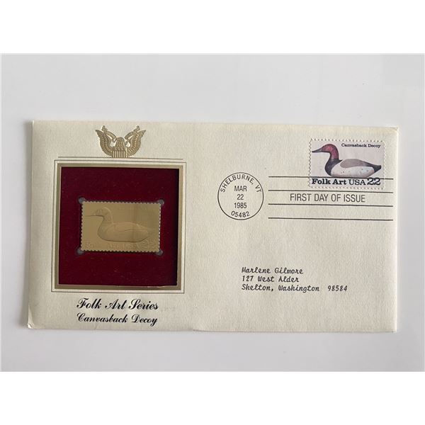 Folk Art Series: Canvasback Decoy Gold Stamp Replica First Day Cover