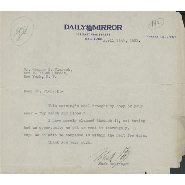 Mark Hellinger signed letter