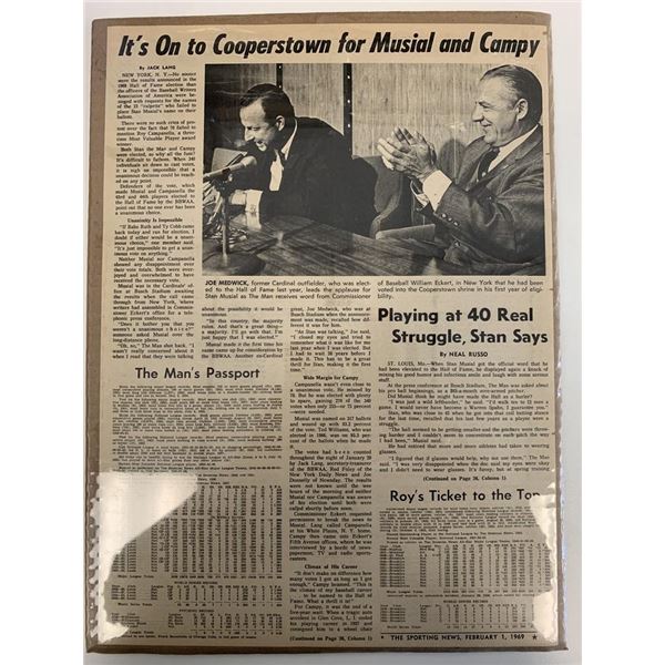 Stan Musial and Roy Campanella Hall Of Fame Announcement Newspaper Article. 1969