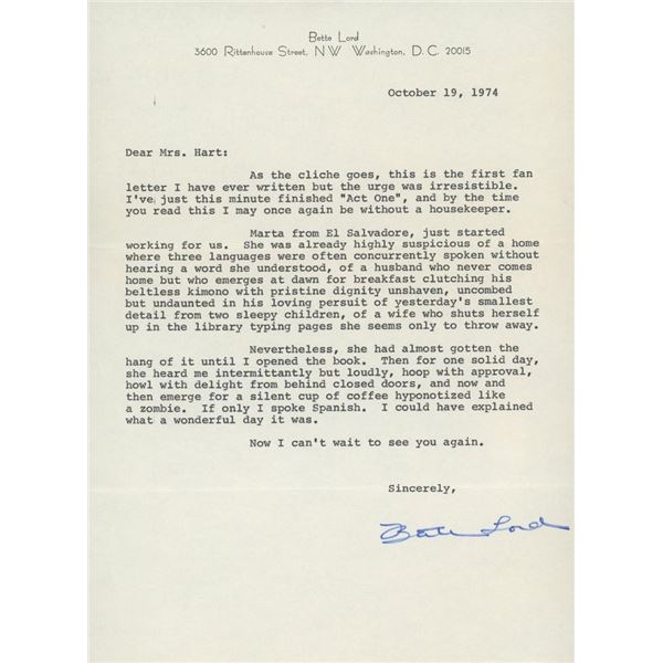 Bette Lord signed letter