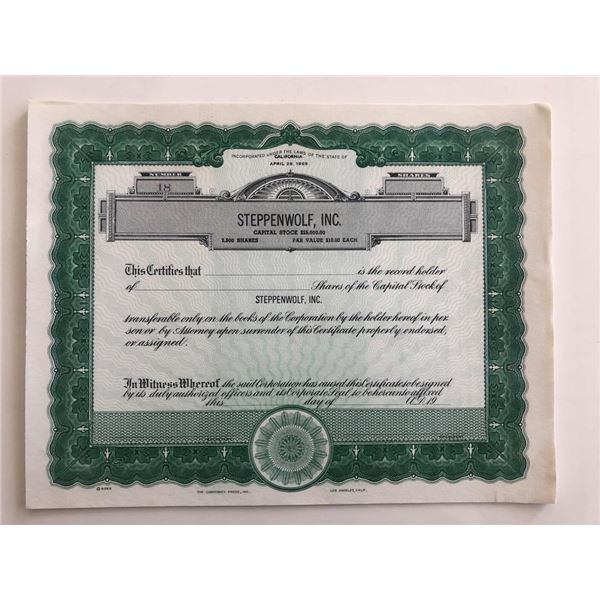 Steppenwolf Inc. Blank Stock Certificate