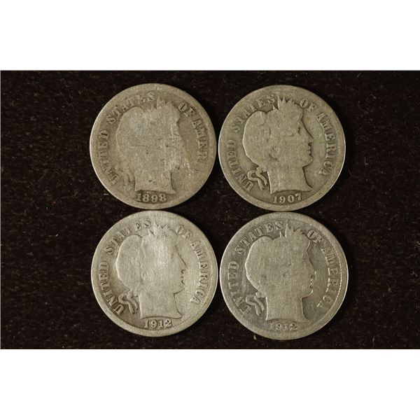 1898, 1907, 1912 & 1912-D SILVER BARBER DIMES
