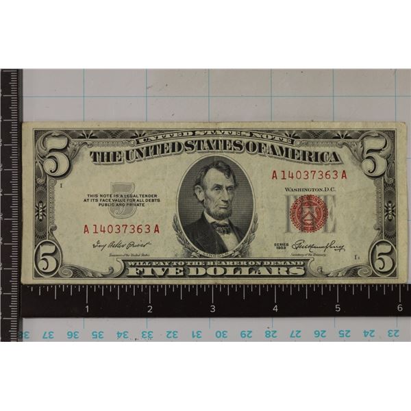 1953 US $5 RED SEAL NOTE. CRISP XF