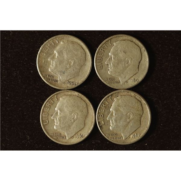 4 SILVER ROOSEVELT DIMES: 1957, 1960-D, 1961