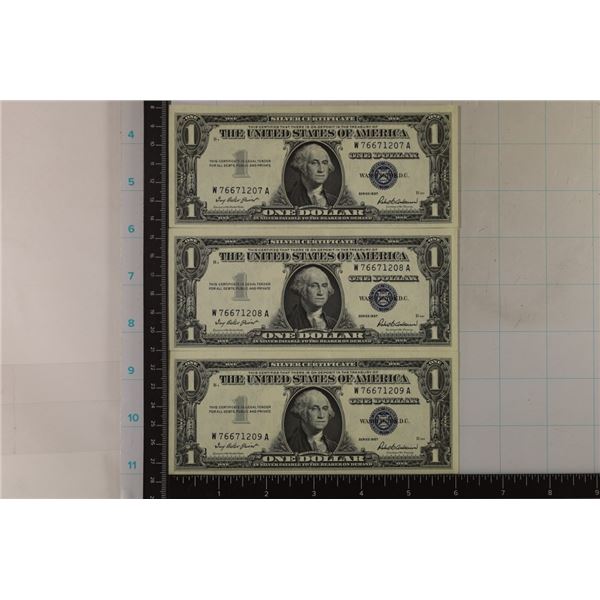 3-1957 US CONSECUTIVE $1 SILVER CERTS. CRISP UNC'S