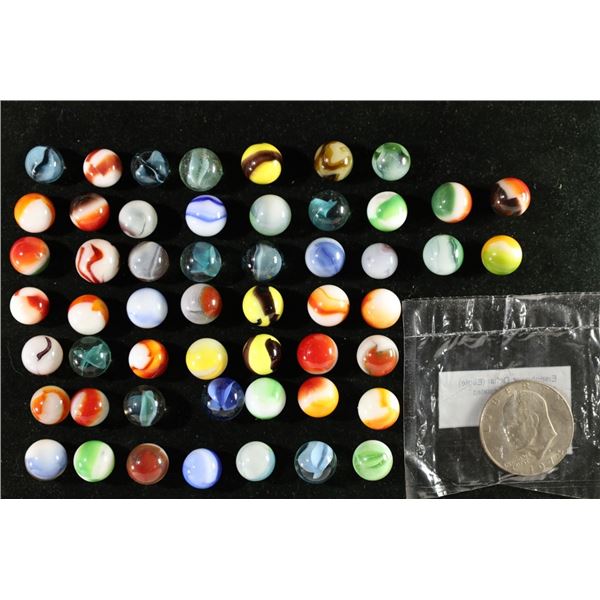 1974-D IKE DOLLAR & 53 GLASS MARBLES WITH 11 OF