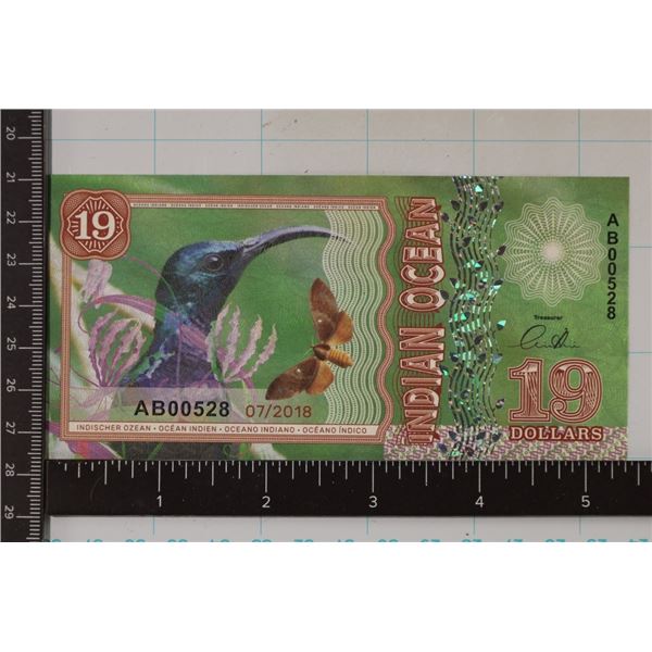 2018 INDIAN OCEAN $19 CRISP UNC COLORIZED BILL