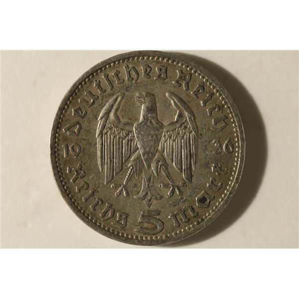 1936-D GERMAN SILVER 5 MARK .4016 OZ. ASW