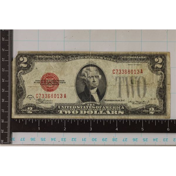 1928-D US $2 RED SEAL NOTE TOP LEFT CORNER MISSING