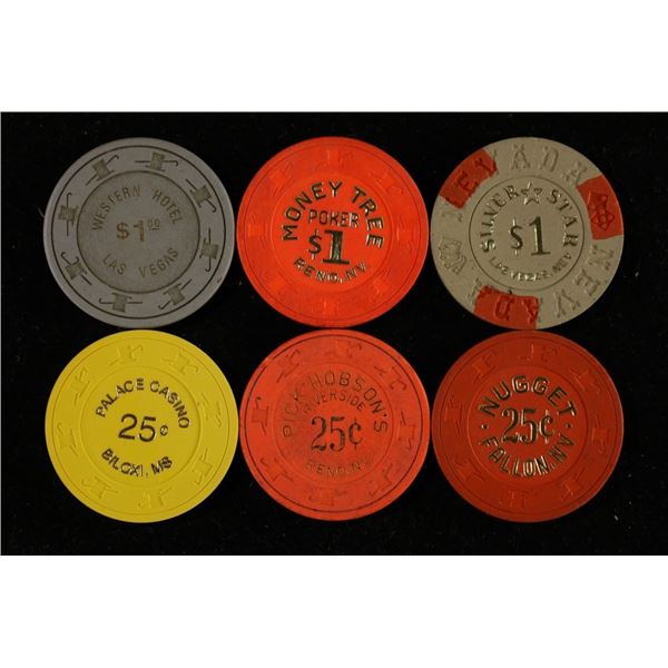 6-PLASTIC/CLAY  CASINO CHIPS: 3-$1 (MONEY TREE,