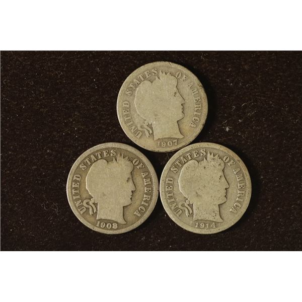 1907-D, 1908-D & 1914 SILVER BARBER DIMES