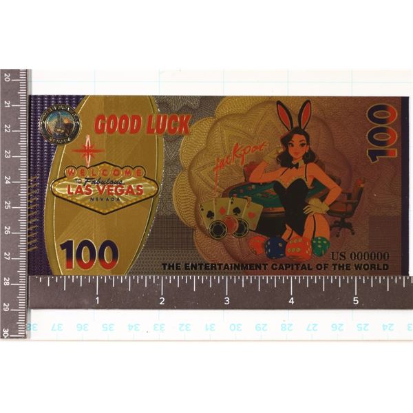 GOLD FOIL LAS VEGAS 100 CRISP UNC BILL "GOOD LUCK"