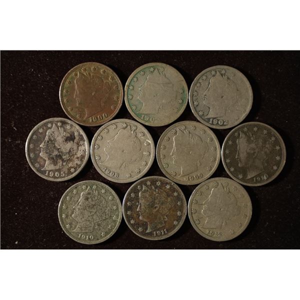 10 LIBERTY "V" NICKELS: 1900-1912