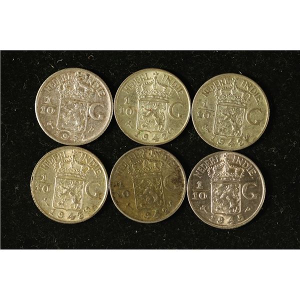 6-NETHERLAND INDIES SILVER 1/10 GULDENS: .1788